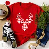 Plaid Reindeer Head Silhouette Christmas T-shirt